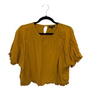 Mustard Ruched Boho Crop Top | Festival Peasant Blouse Short Sleeve Large